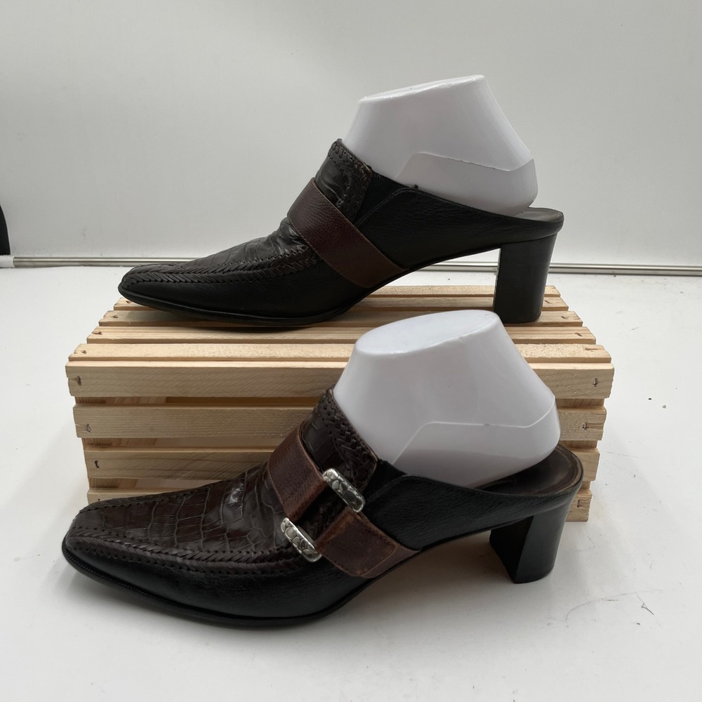 Brighton Mules Triad Croc Embossed Leather Buckle Brown Women 9.5 N